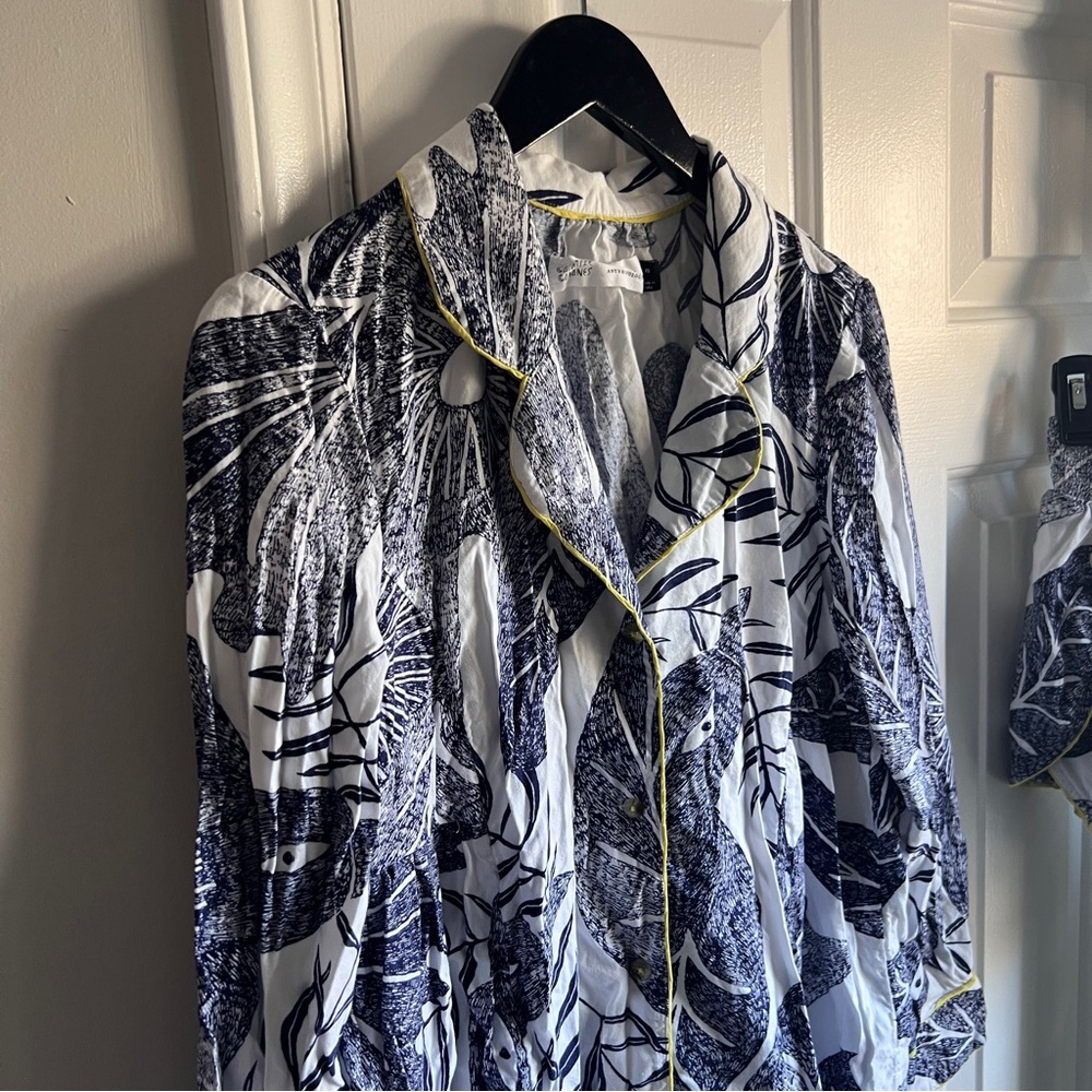 Anthropologie White and Blue Camille Cabanes Botanical Flannel Pajama Set - Picture 9 of 16